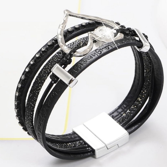 2/$40 Silver Heart Black Layered Gift Holiday Bracelet-(#0274) - Picture 5 of 7